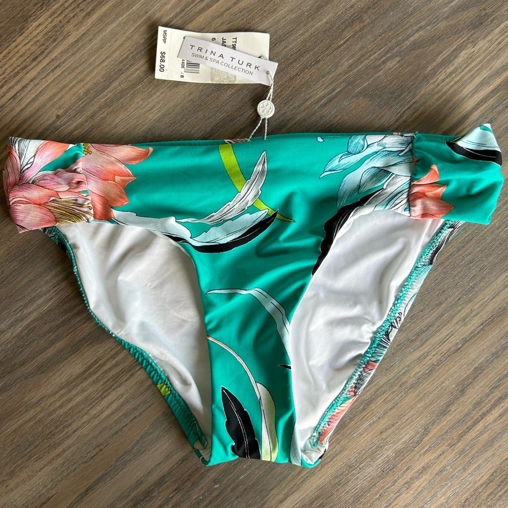 NWT Trina Turk Turquoise Black Hawaiian Ruched Tropical Bikini Bottoms Size 6 - Picture 2 of 9